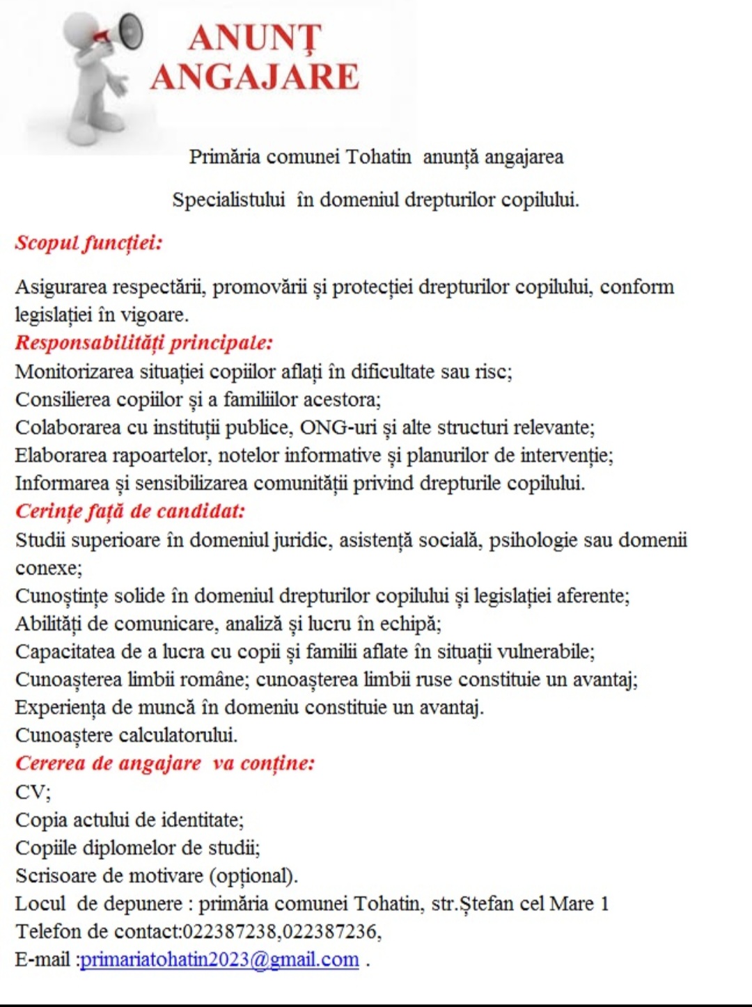 Anunț de angajare – Specialist în domeniul drepturilor copilului
