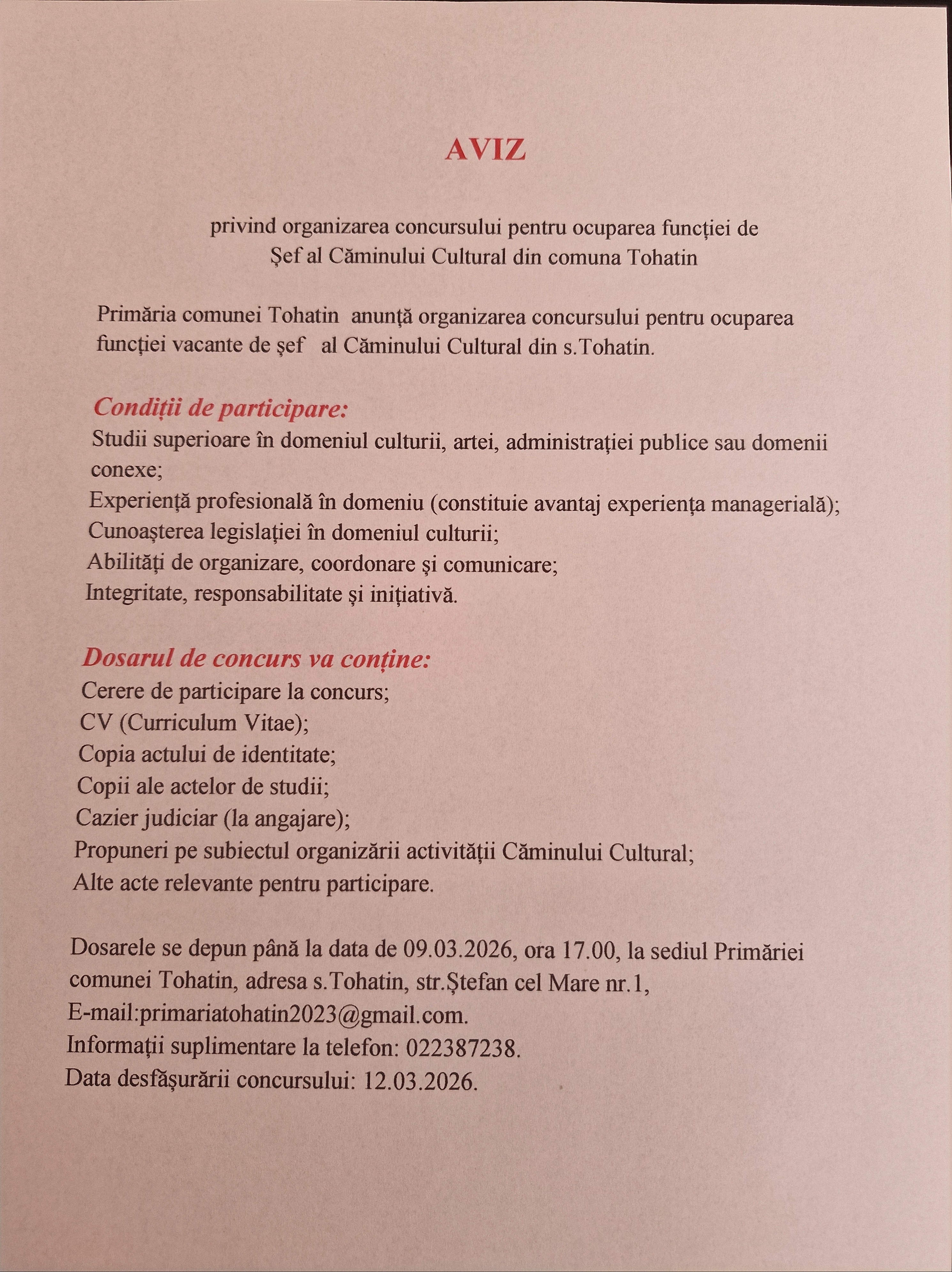 concurs pentru ocuparea funcției de Șef al Căminului Cultural din comuna Tohatin.