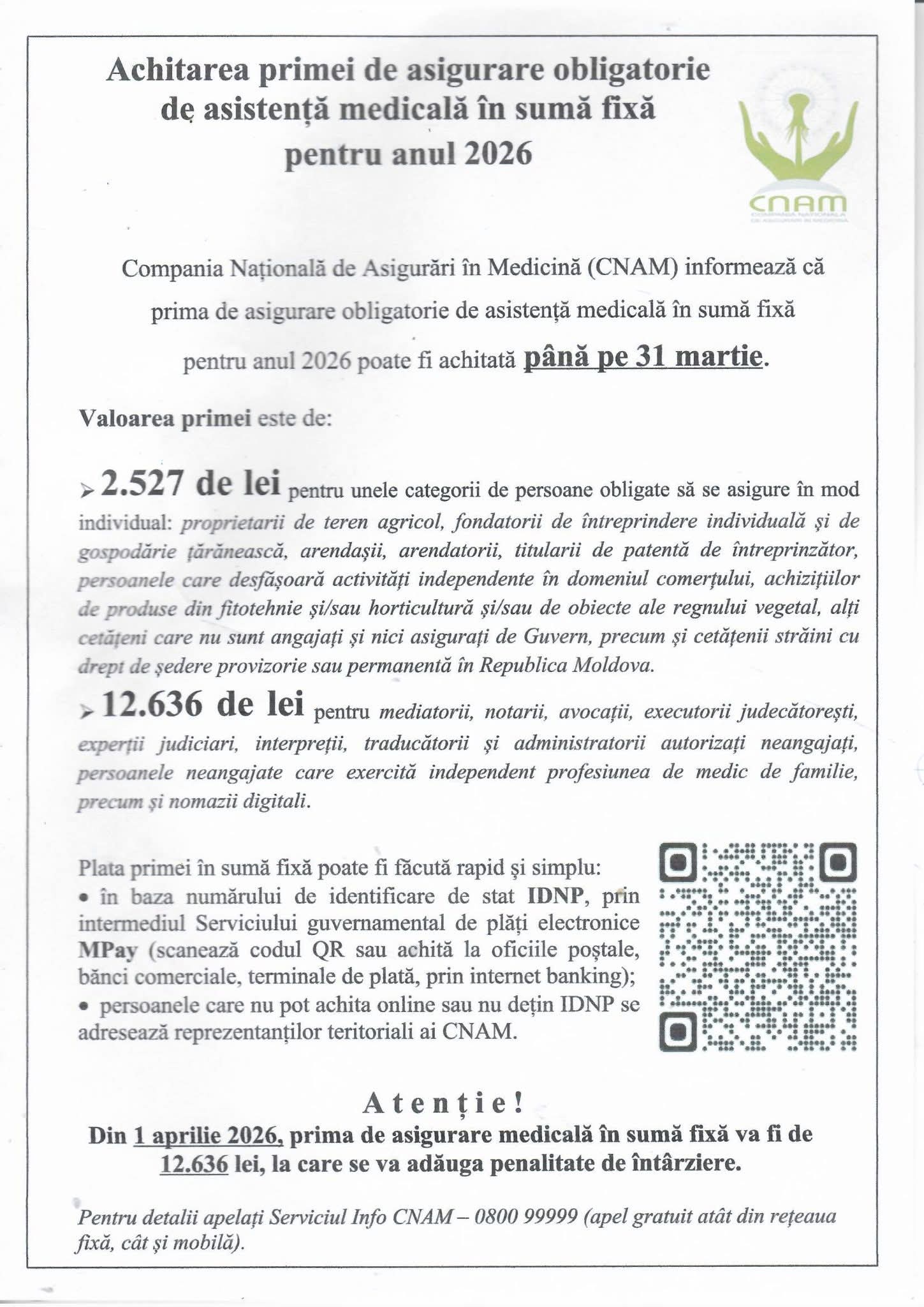 Informație utilǎ legatǎ de achitarea primei de asigurare obligatorie de asistențǎ medicalǎ
